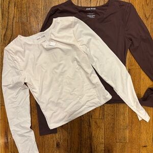 Pink Rose Long Sleeve Tops - Cream and Brown